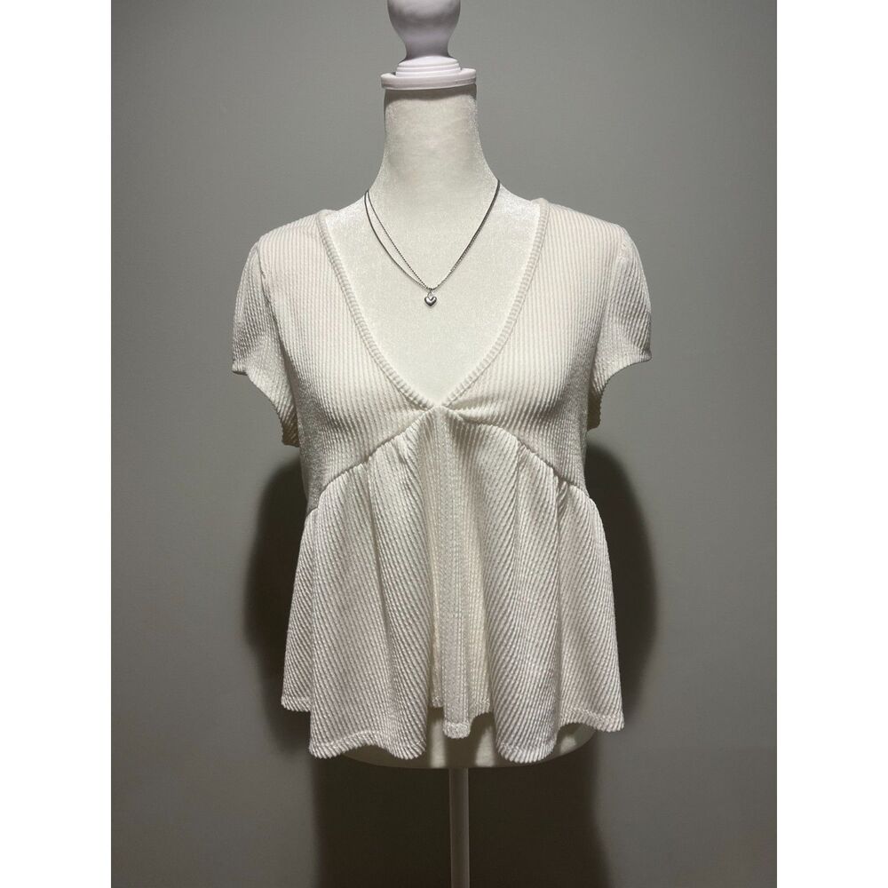 Francesca's White Ribbed Babydoll Top Women Blue Rain Spring Summer Shirt XL